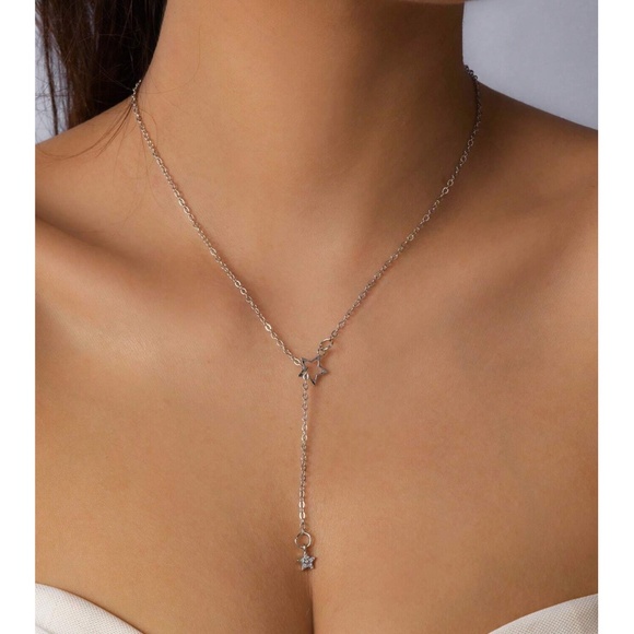Luxe Stainless Steel Rhinestone Star Lariat Pull Necklace - Picture 4 of 7